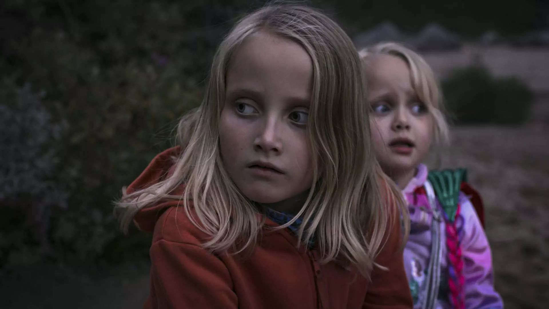Halvnært bilde av to jenter på 8 og 5 år. De er i skogen og det kan se ut som at det er kveld. De ser bekymret ut.