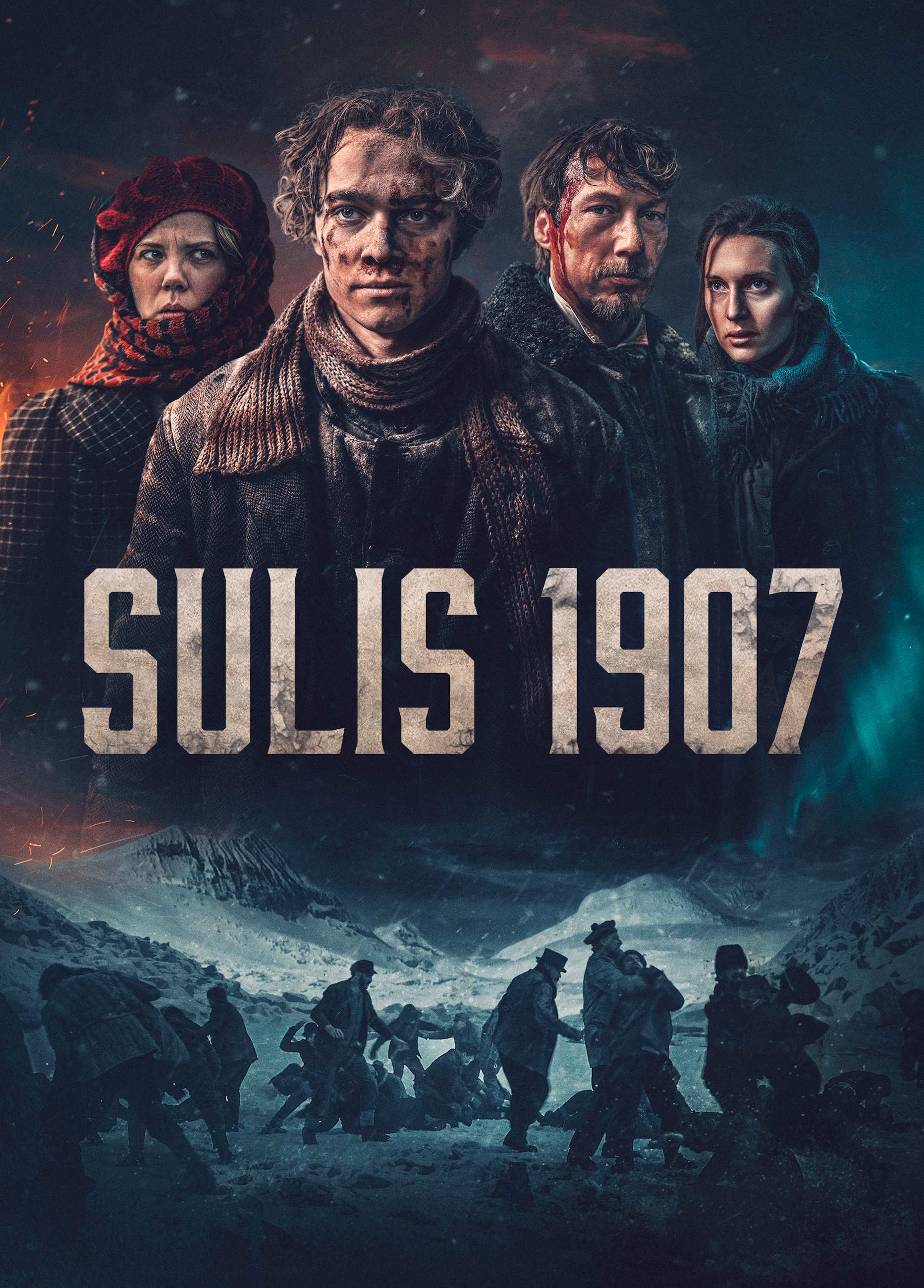 Filmplakat til "Sulis 1907". Fire alvorlige og rufsete personer med filmtittelen i store bokstaver midt i bildet.