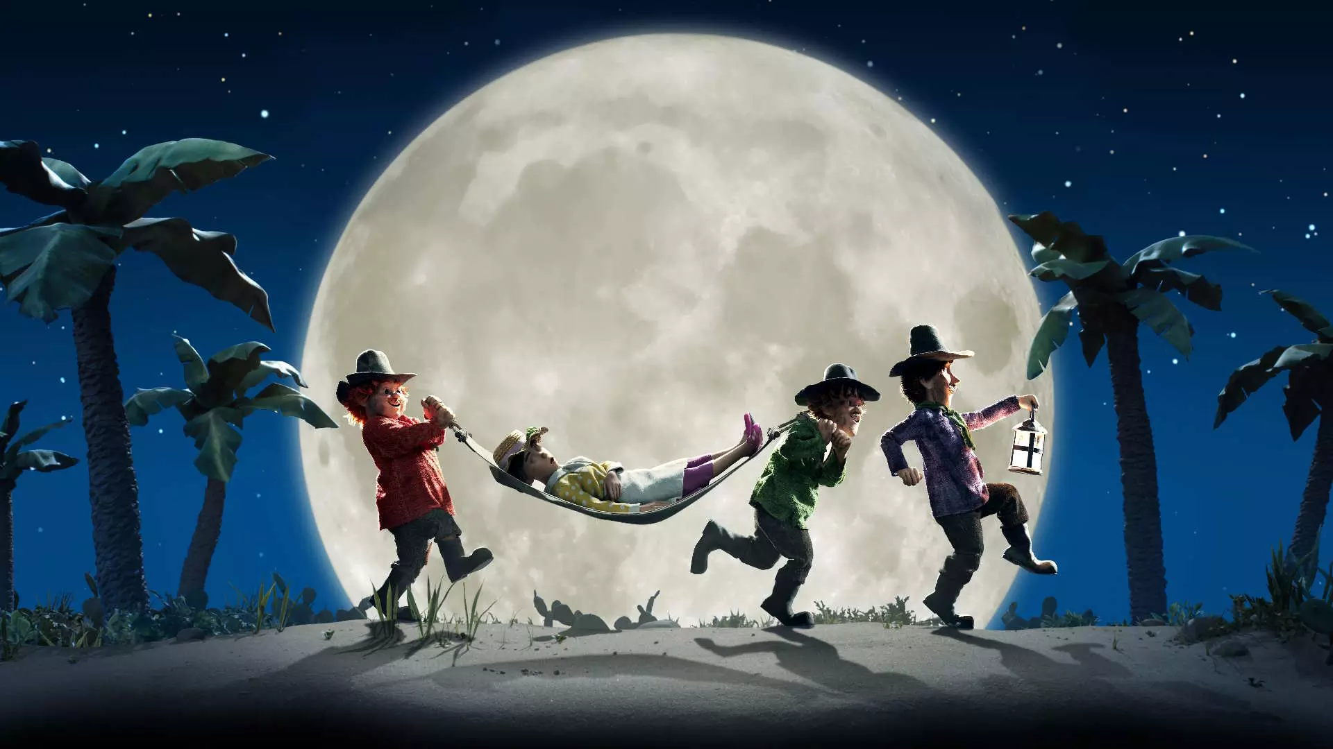 Animasjon. En enorm måne midt på bildet. Det er natt. Forran månen ser vi konturen av de menn med hatt og lykt. De to bakerste bærer en hengekøye med en sovende dame oppi. De lister seg i natten.