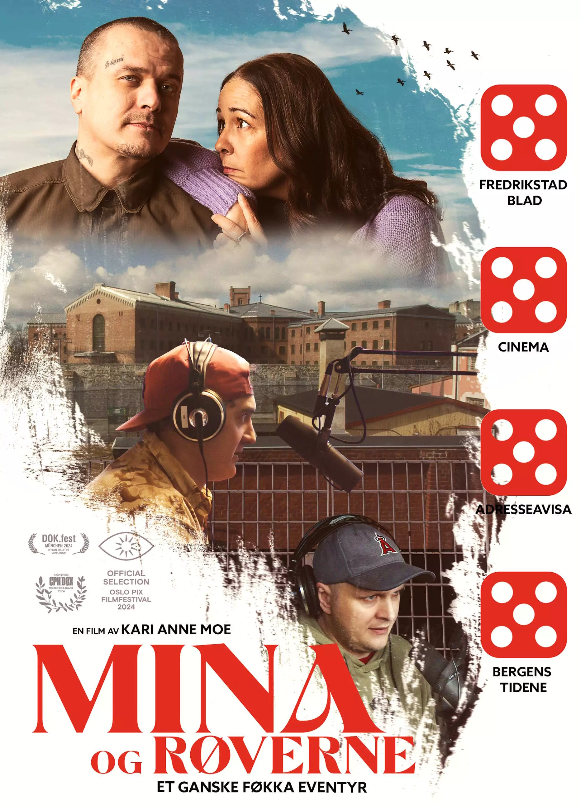 Filmplakat til dokumentaren "Mina og røverne" Bilder av Mina og tre av røverne. Filmens tittel står skrevet i rød skrift. Foto.