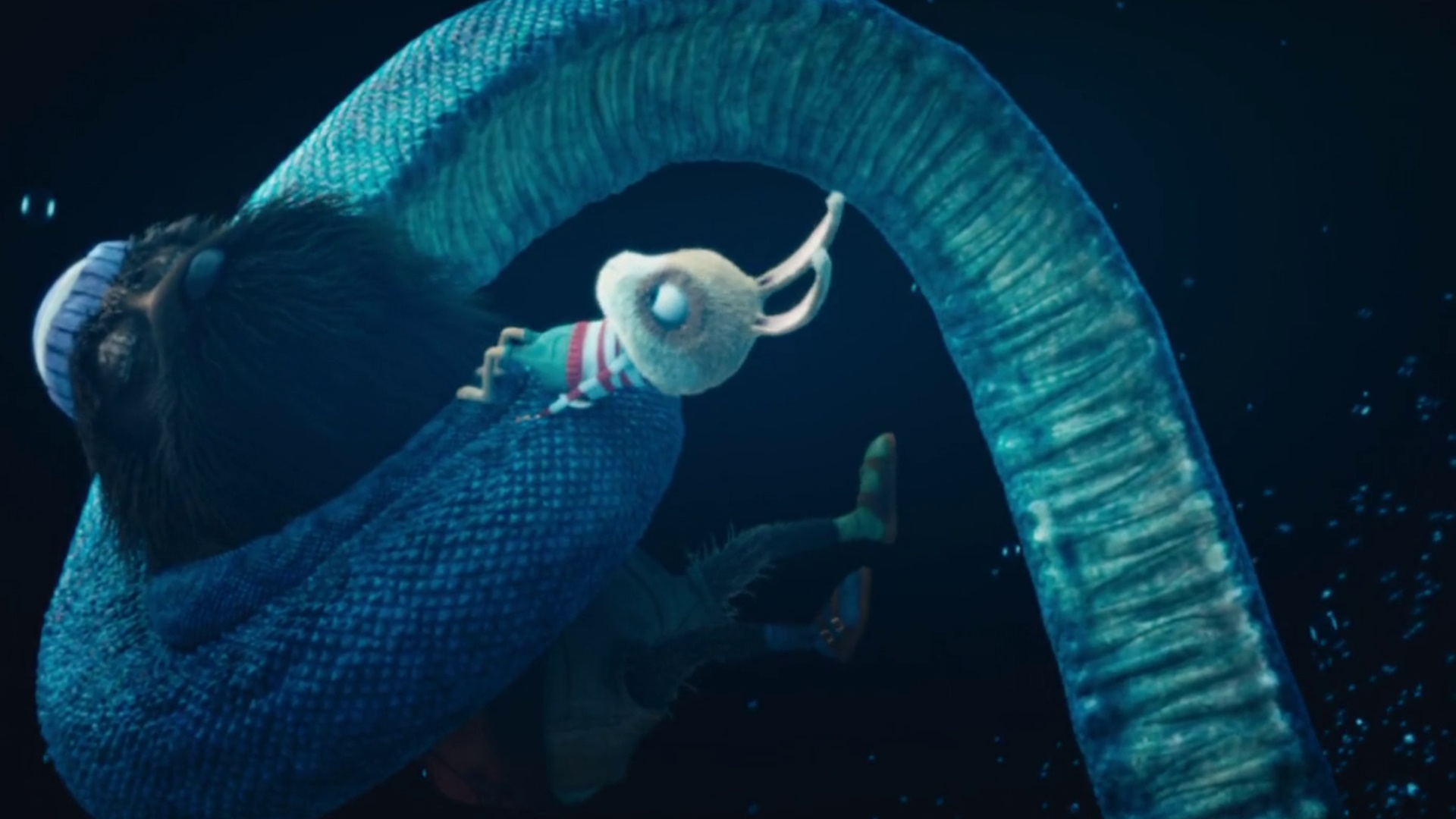 Stillbilde fra filmen "Reisa til Fjørkongens rike". Kaninen Johan og et monster. Illustrasjon.