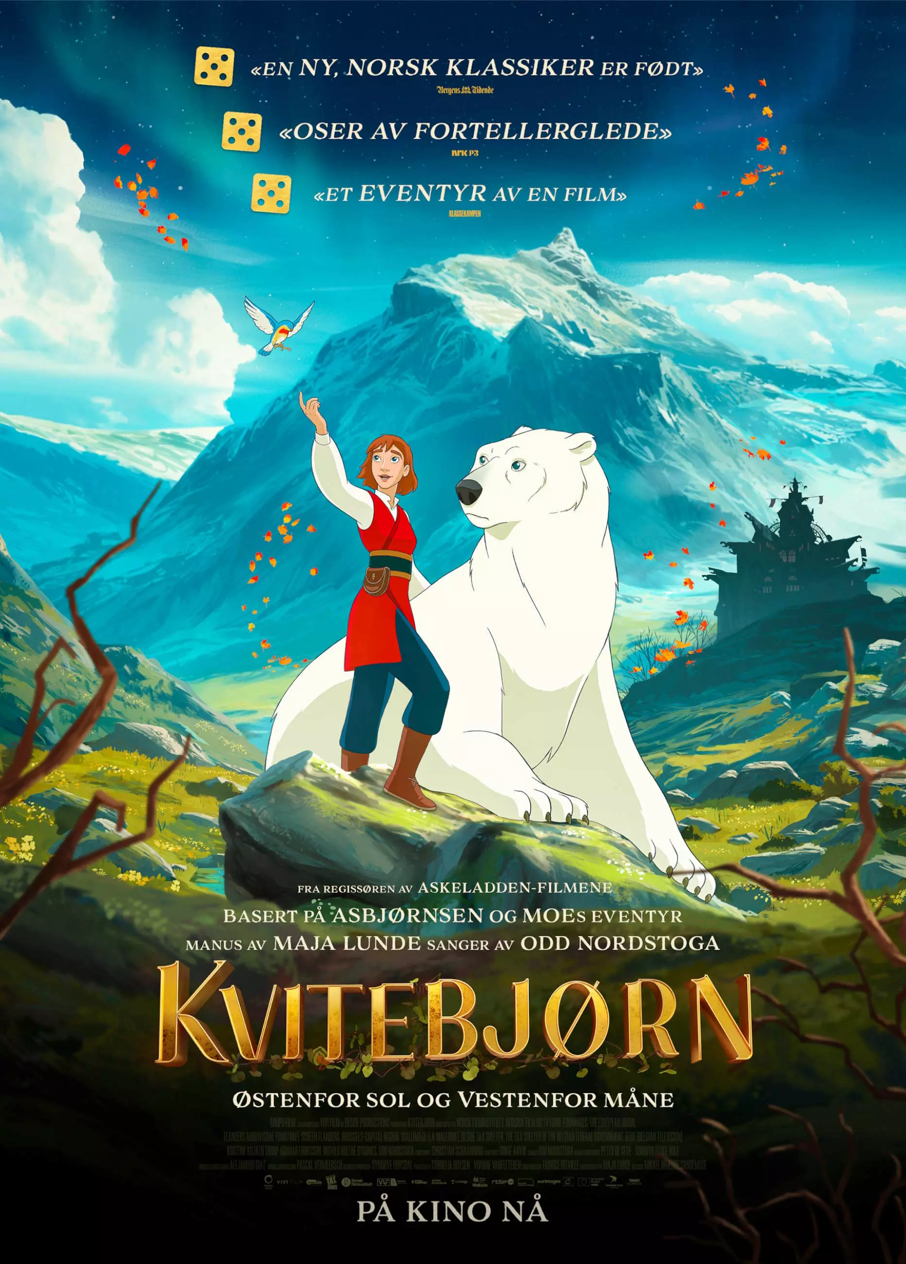 Filmplakat til "Kvitebjørn - Østenfor sol og vestenfor måne". Hovedkarakteren og isbjørnen midt på plakaten med flotte fjell og natur omkring dem. Filmtittel står skrevet med gull bokstaver nederst på plakaten. Illustrasjon.