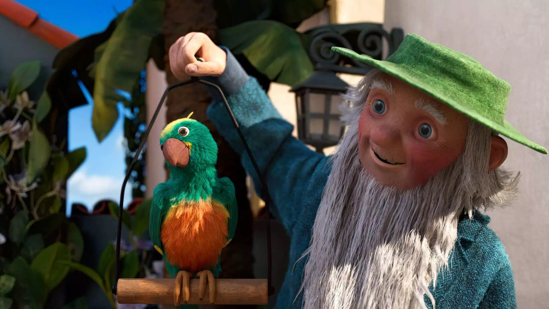 Animasjon. Halvnært bilde av en gammel mann. Han har langt hvitt skjegg og en grønn hatt. Han holder opp et fuglestativ hvor det sitter en papegøye. Mannen ser glad ut.