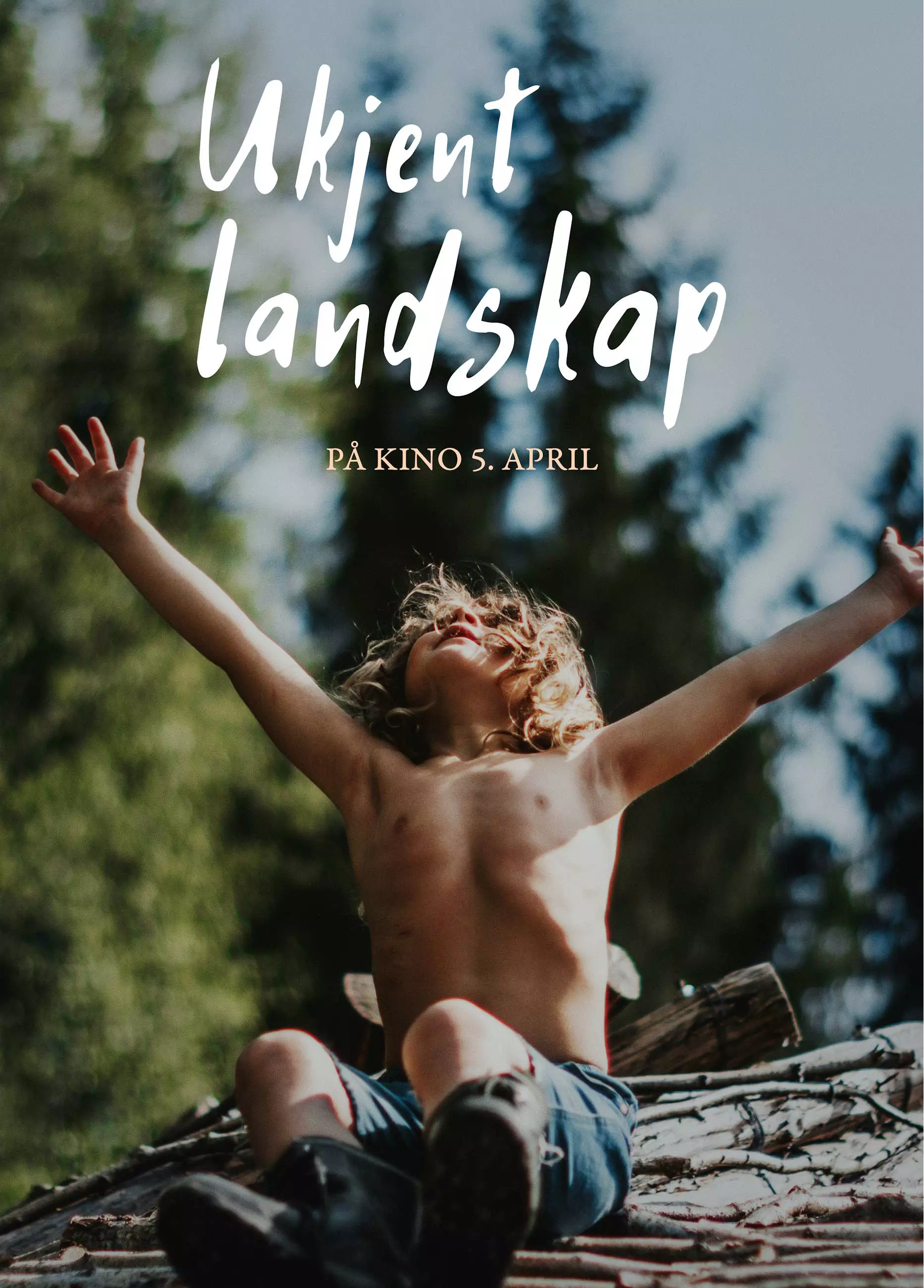 Filmplakat til filmen "Ukjent landskap". En gutt i bar overkropp strekker armene opp mot himmelen ute i naturen, og gir en følelse av frihet og eventyr.