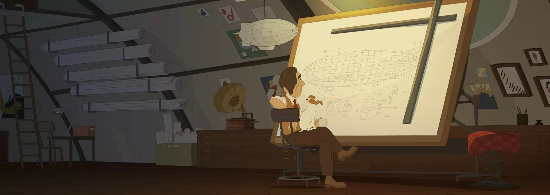 Stillbilde fra filmen Titina. En mann sitter foran et stort stående tegnebrett og tegner en teknisk tegning av et luftskip. Rommet han sitter i ser ut som arbeidsværelset hans som luftskipingeniør. 