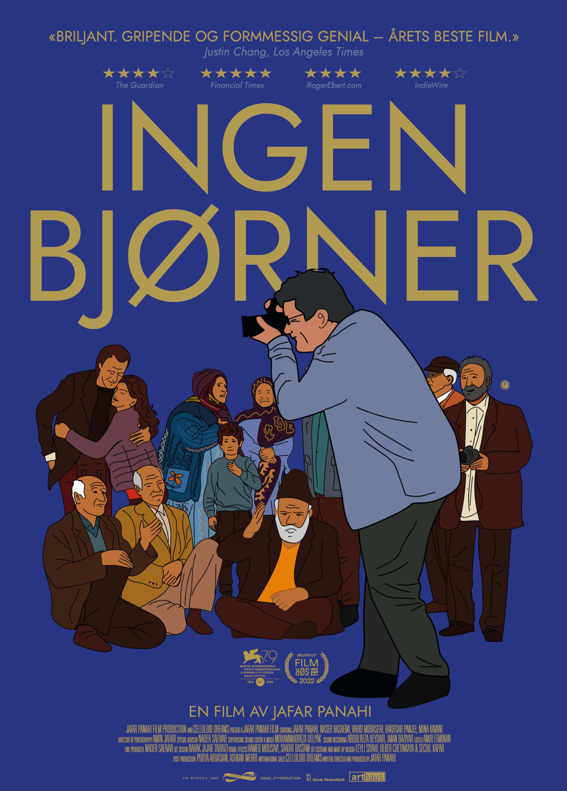 Filmplakat til "Ingen bjørner". En mann tar bilde av en gruppe mennesker. Illustrasjon.