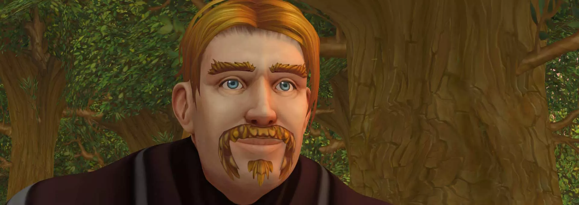 Animert bilde fra dataspillet World of Warcraft. En mannlig karakter med blond-oransje hår og bart. Han smiler.