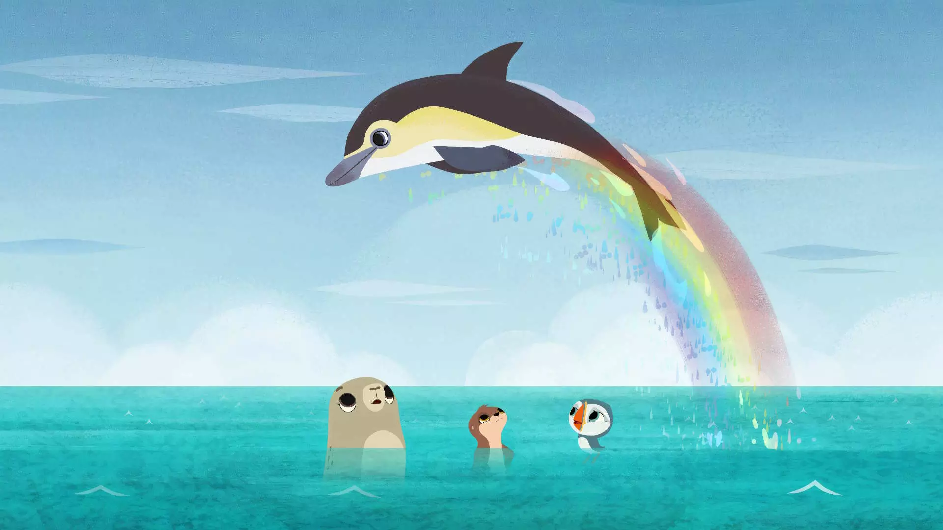 Animasjonsbilde. Ute på havet. En selv, oter (muligens en bever) og en lundefugl i havet. Over dem hopper en spekkhogger. Spekkhoggeren danner en regnbue. Det er blå himmel.