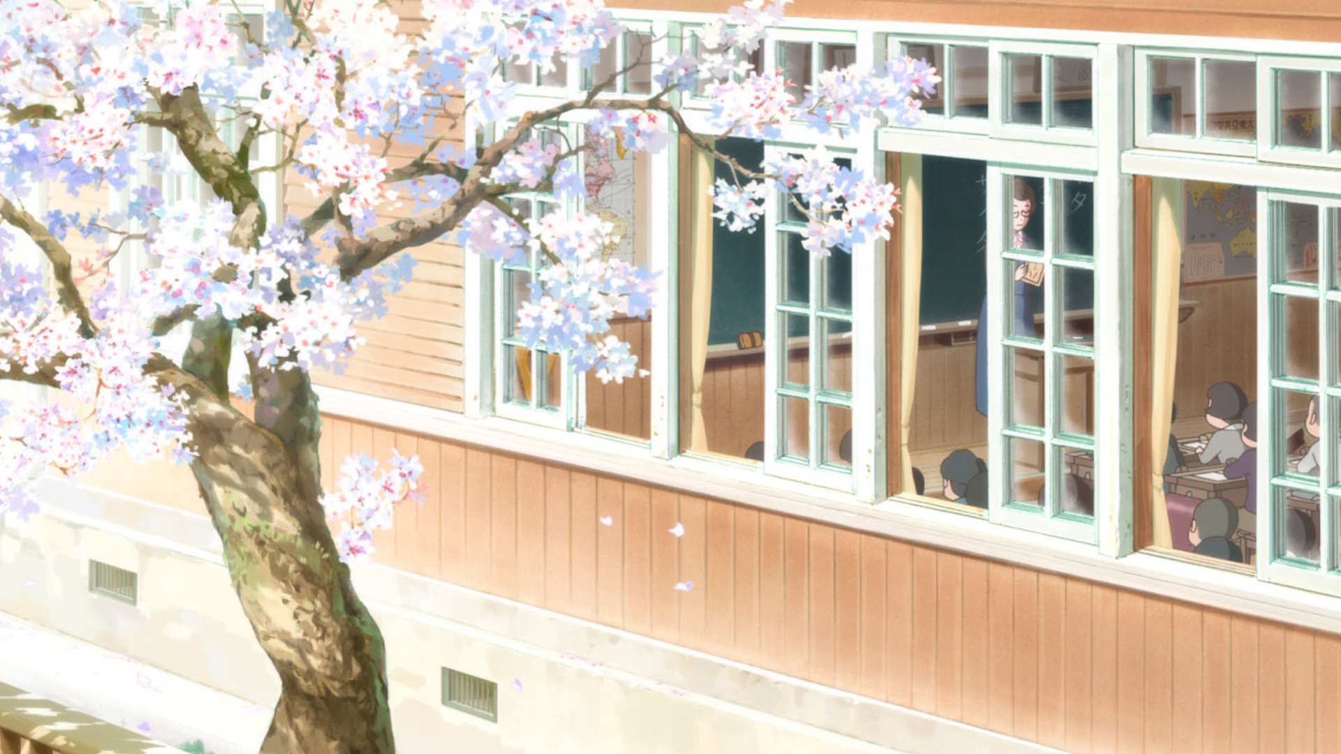 Stillbilde fra filmen "Totto-chan, den lille piken ved vinduet". Et kirsebærblomst-tre utenfor et klasserom. Illustrasjon.