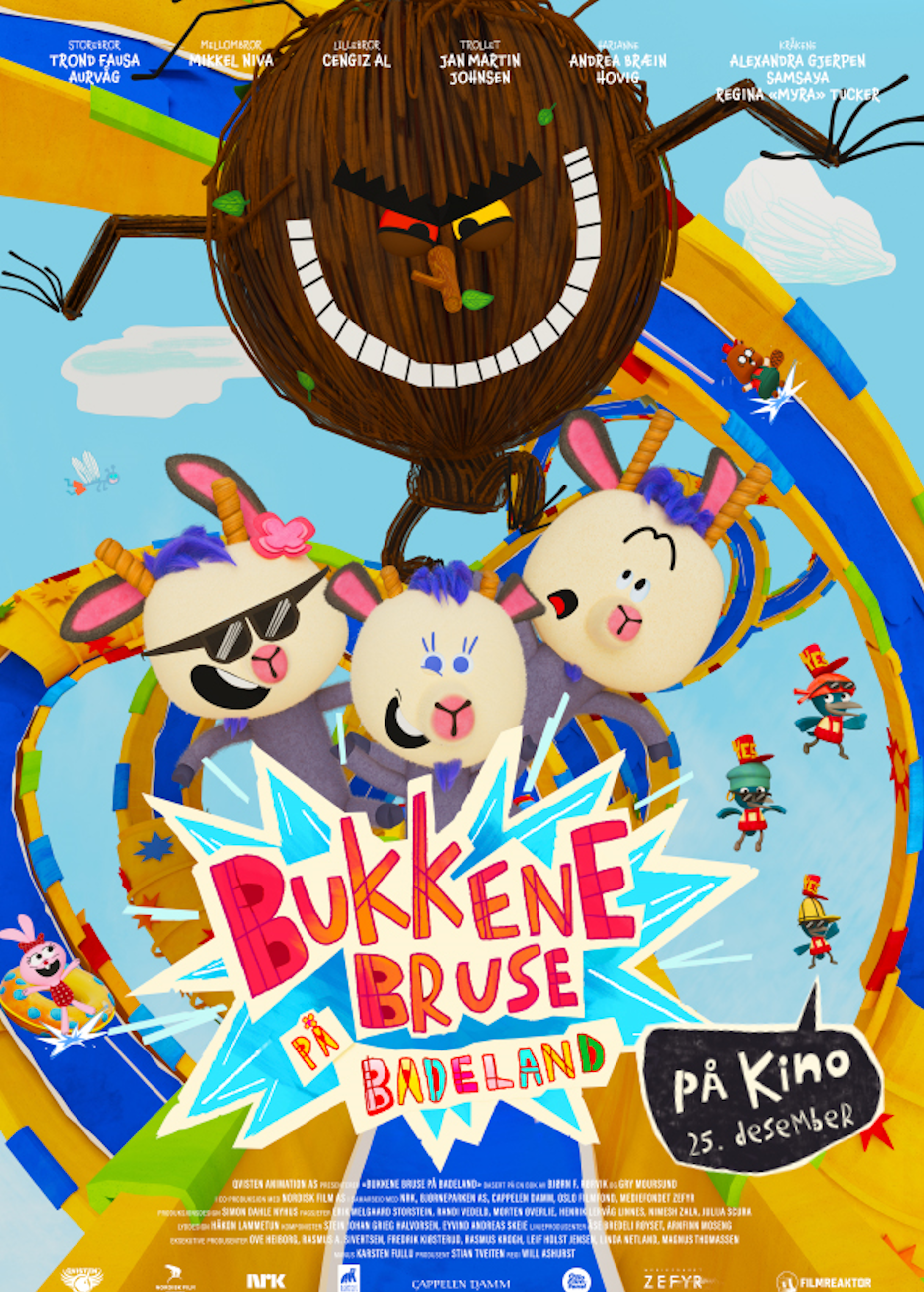 Filmplakat til filmen "Bukkene Bruse på badeland". I bakgrunnen ser man en himmel, samt en vannsklie som snirkler seg rundt hele plakaten. Her og der ser man dyr som sklir i sklia. Midt på plakaten ser man de tre bukkene bruse. En har på seg solbriller og ser litt kul ut, den andre står i midten og smiler mens den tredje står til høyre og ser forskrekket ut. Bak bukkene bruse er trollet, som er stort og brunt og smiler ondskapsfullt. Foran bukkene står filmtittel i fargerike bokstaver.