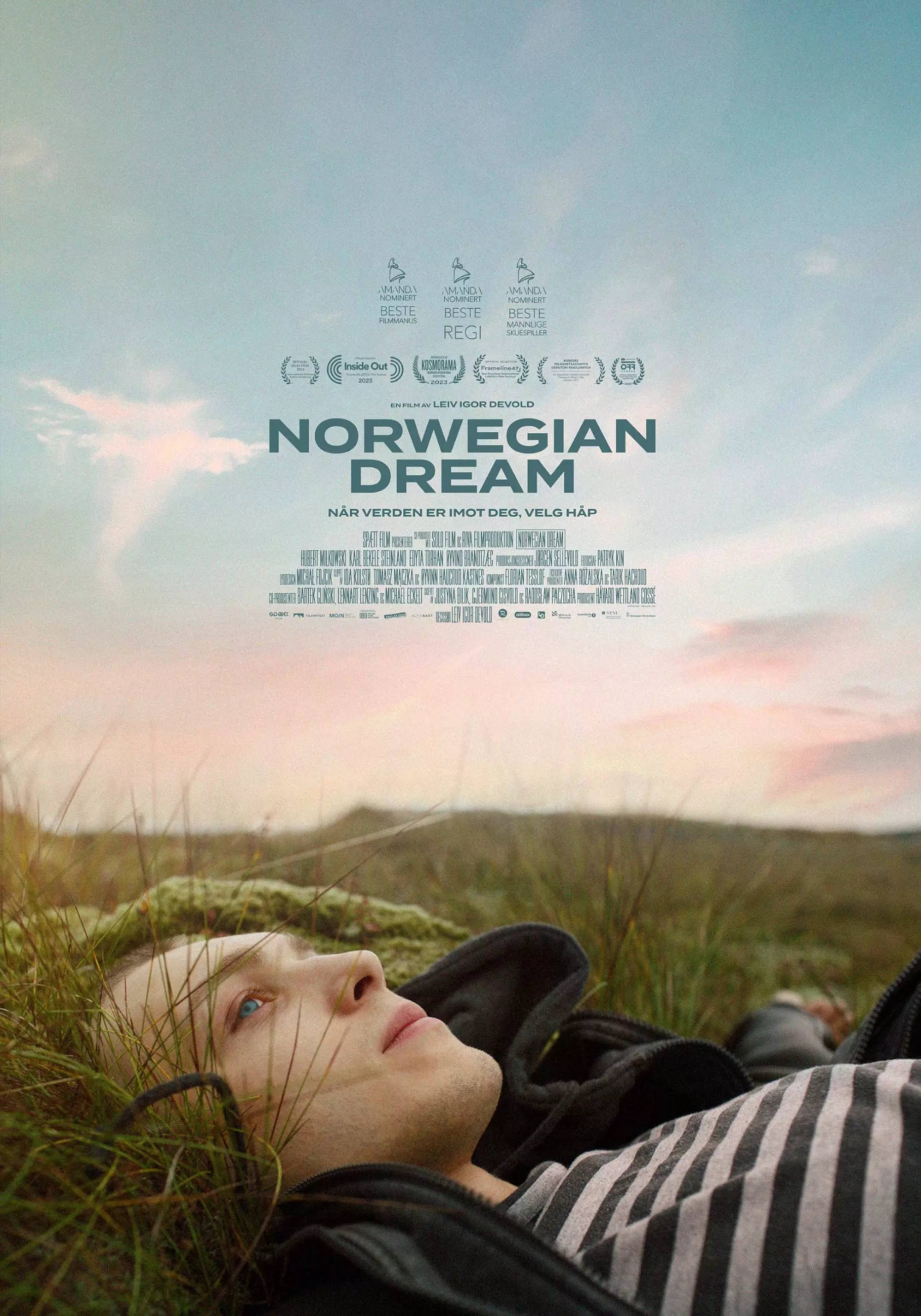 Filmplakat. En ung mann ligger på en eng. Han stirrer opp på en rosa-blå himmel. Midt på plakaten står filmtittelen med blokkbokstaver.