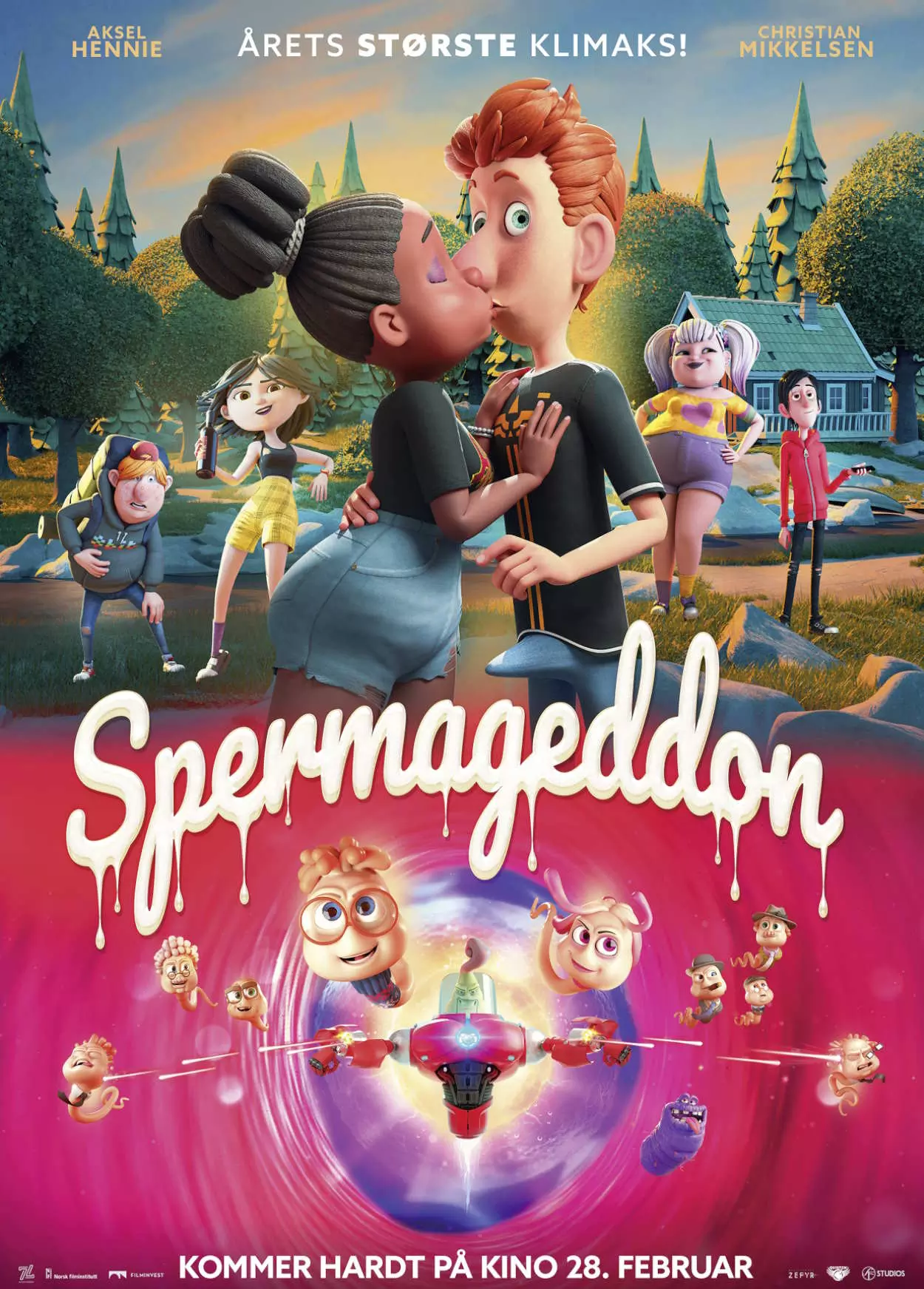 Filmplakat til "Spermageddon". To karakterer kysser, filmens tittel står skrevet midt på plakaten med store, hvite, dryppende bokstaver. Rundt hovedkarakterene ser vi andre karakterer fra filmen. Illustrasjon.