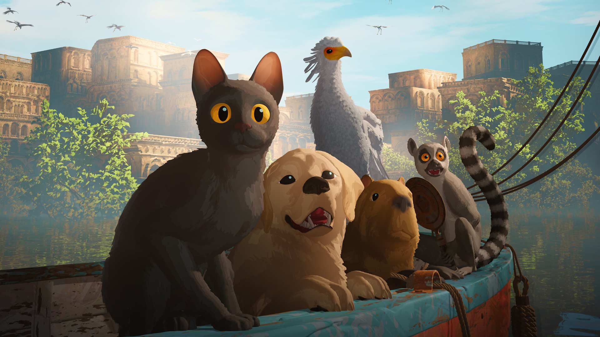 Stillbilde fra animasjonsfilmen "Flow". En svart katt, en Golden retriver, en hvit fugl, en ringhalelemur og et flodsvin i en trebåt. En antikk landsby i bakgrunnen. Illustrasjon.