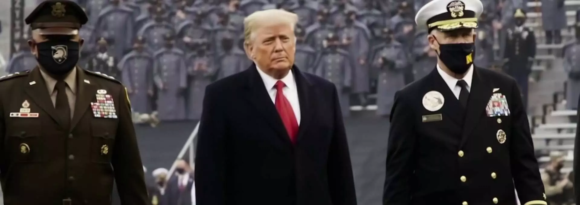 Stillbilde fra "And the King Said What a fantastic machine". Tre personer pent kledd. Donald Trump i midten med to personer kledd i militæruniform på hver sin side. Foto.