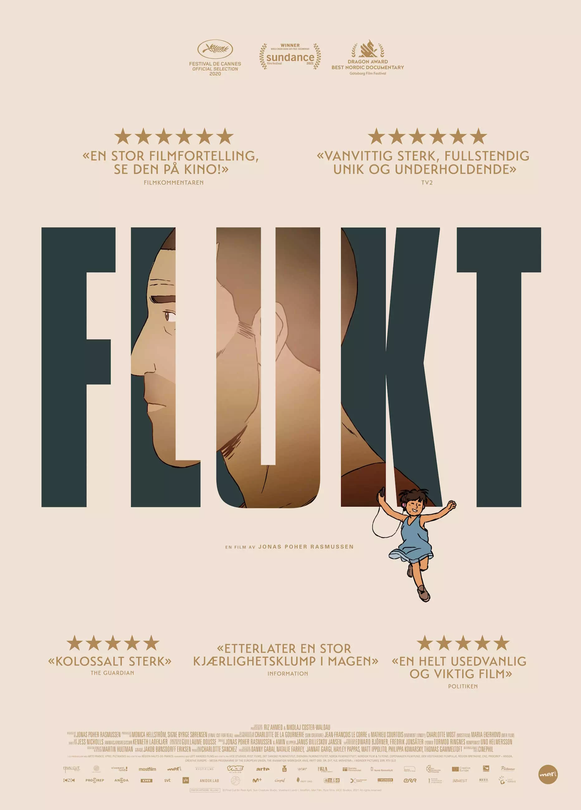 Filmplakat til animasjonsfilmen "Flukt". Beige bakgrunn med filmens tittel i store bokstaver. I bokstavene ser vi nærbilde av en mann i profil. Illustrasjon.