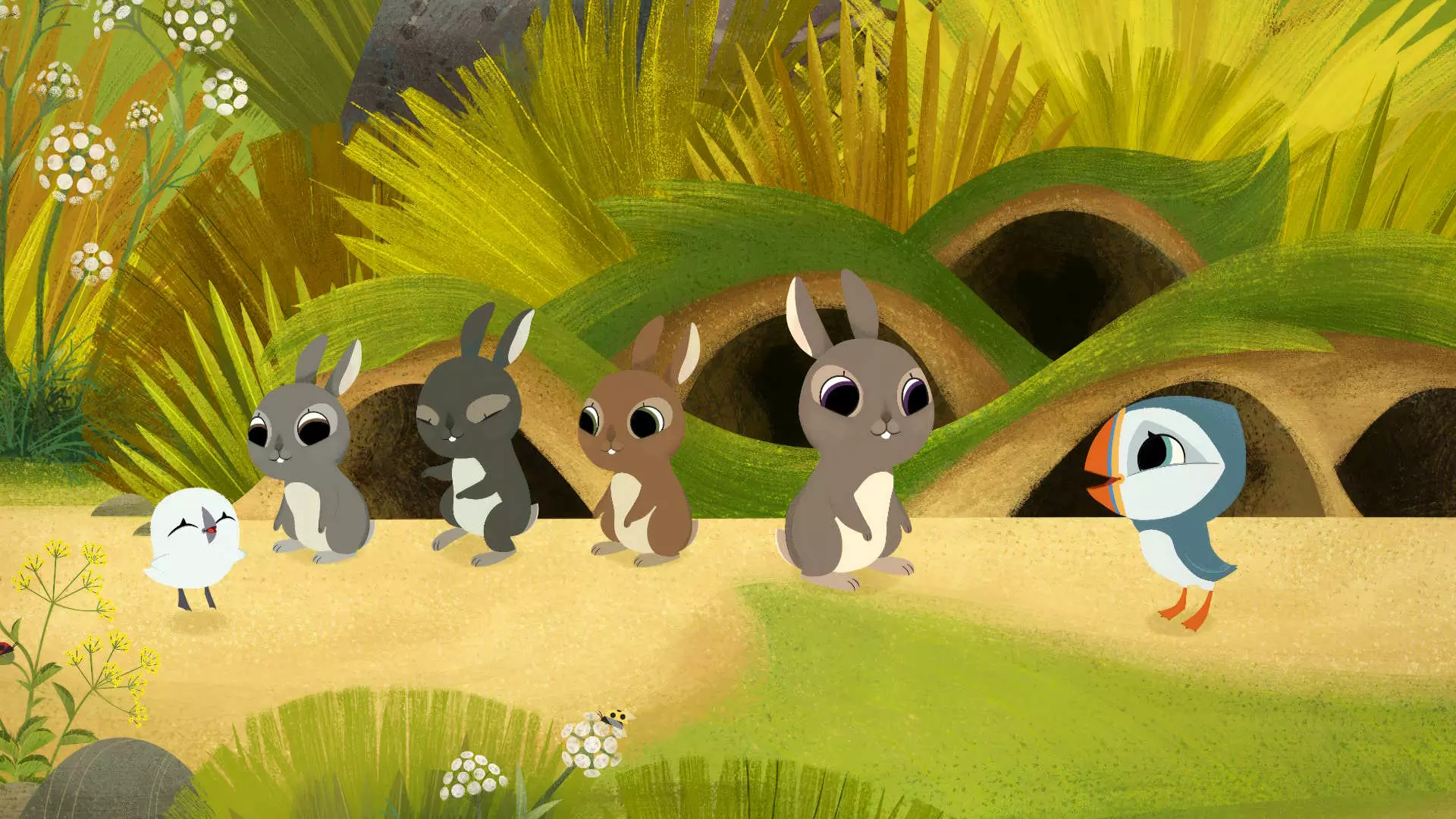 Animasjonsbilde. Fire kaniner i ulike varianter av grå og brun står sammen med en liten hvit fugl, og en blå-hvit lundefugl. I bakgrunnen ser vi kaninhi og grønne strå og planter.