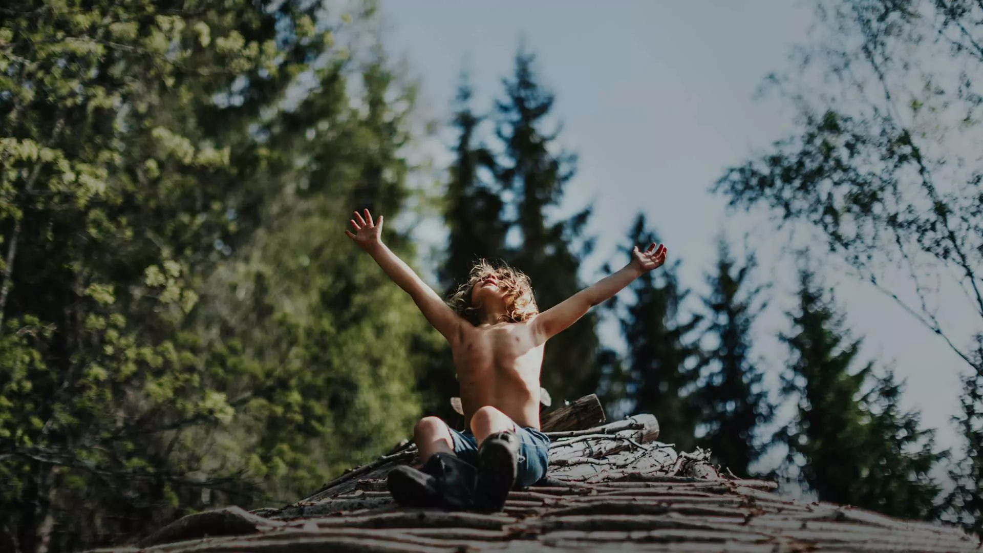 En gutt sitter på taket av en hytte i skogen med armene strukket ut. Bildet gir en følelse av frihet og glede.