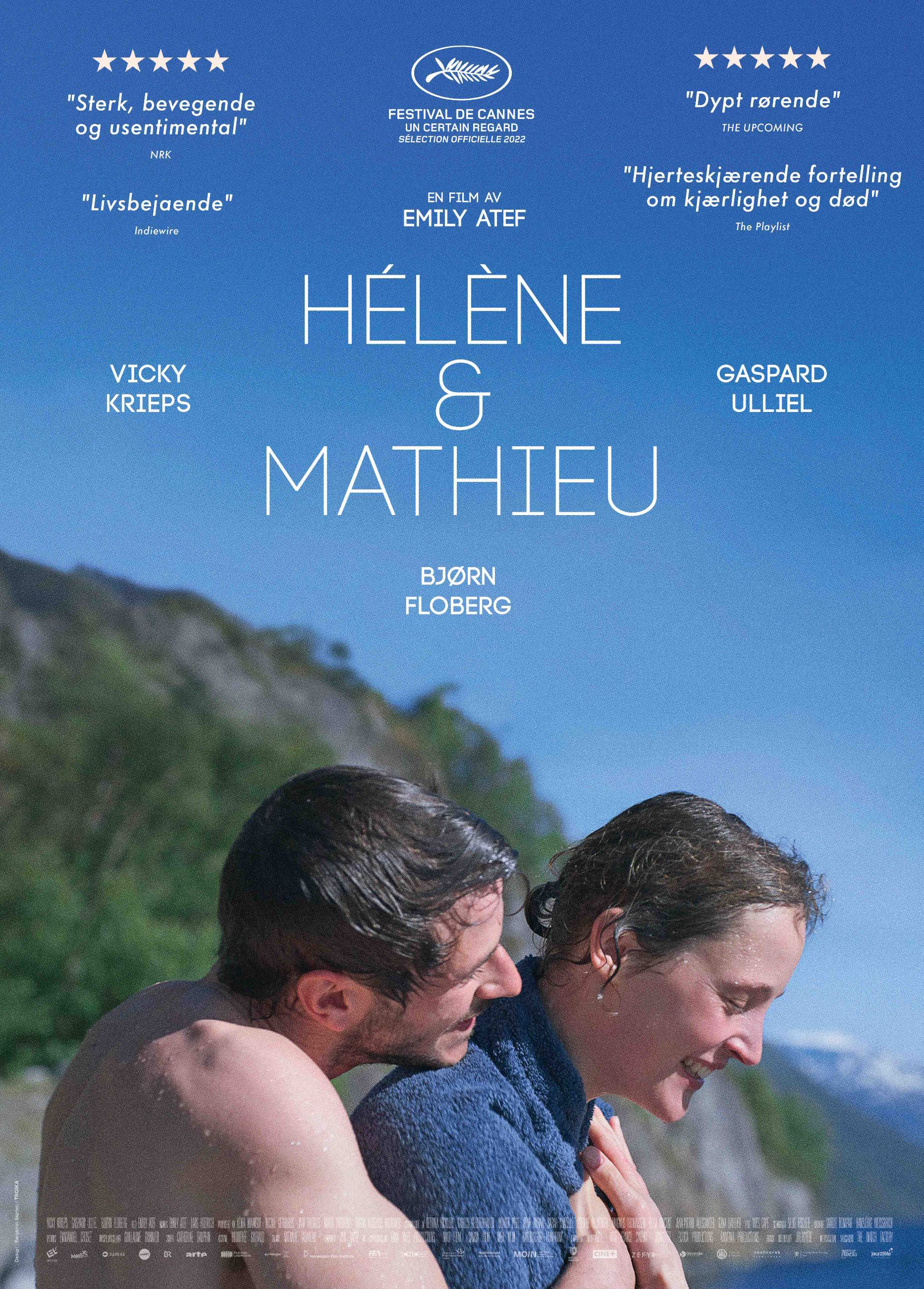 Filmplakat til "HELENE & MATHIEU". En mann holder rundt en kvinne. De har badet. Foto.