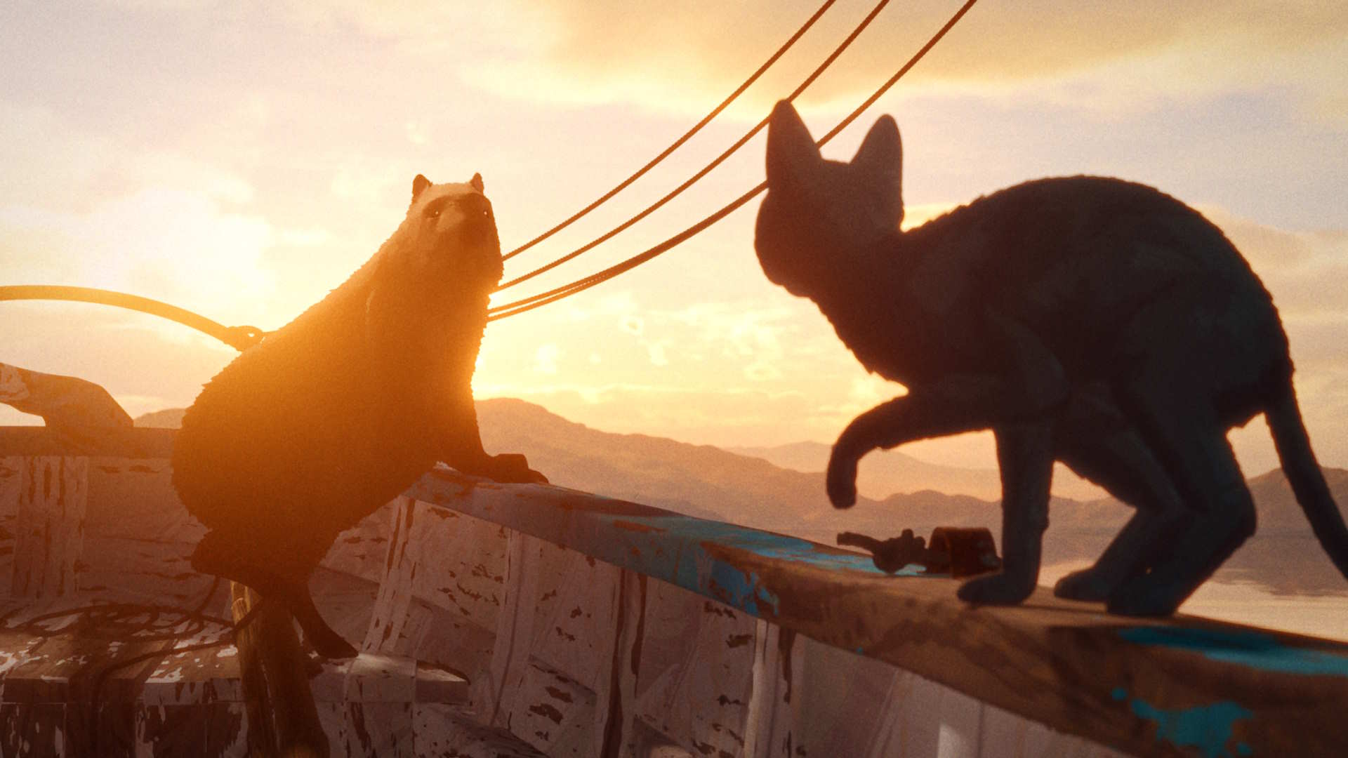 Stillbilde fra animasjonsfilmen "Flow". En svart katt og et flodsvin i en seilbåt. Illustrasjon.