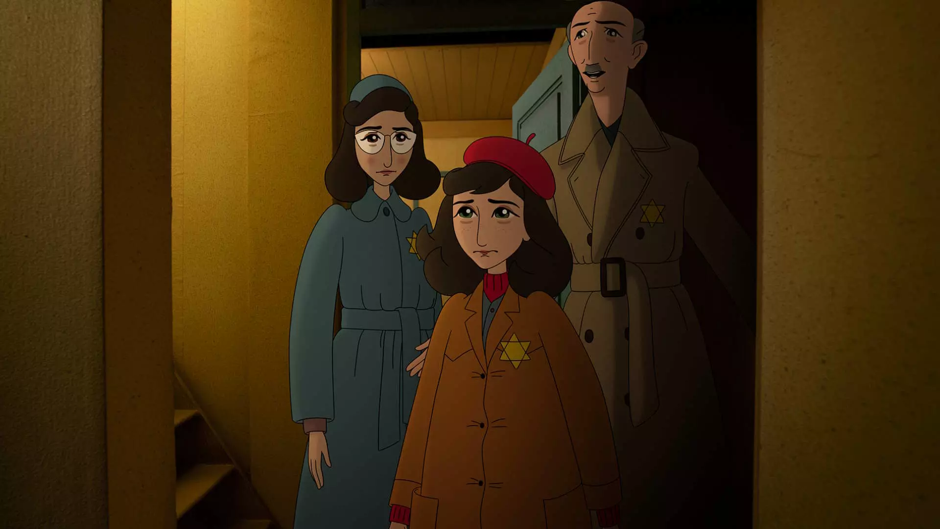 Animasjonsbilde. En ung jente og to voksne, en mann og en kvinne - står i en yttergang og ser inn en dør. De ser lei seg ut. De er ikledd frakk og vi kan skimte en stjerne på frakkene deres. 