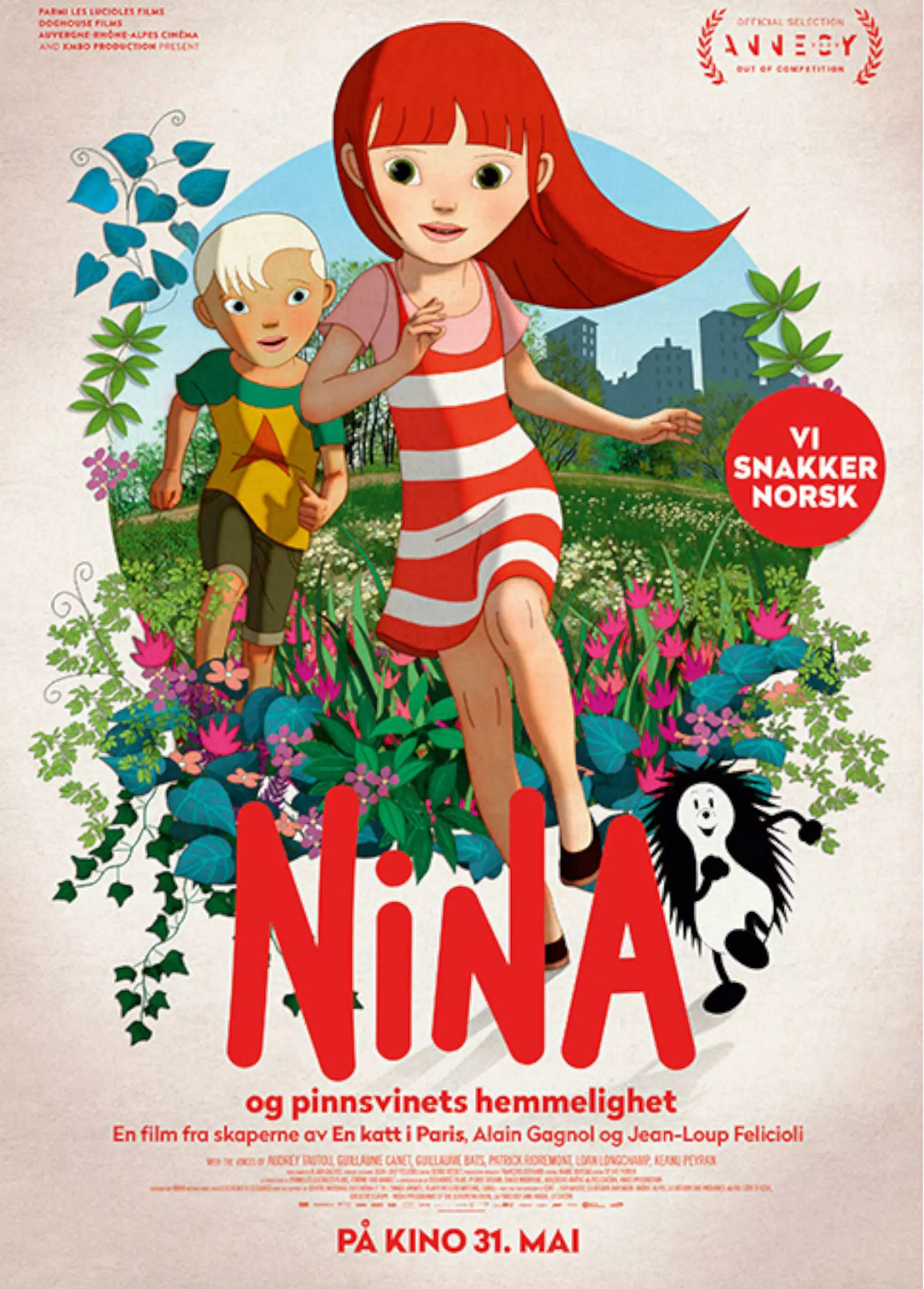 Filmplakat til tegnefilmen "Nina og pinnsvinets hemmelighet". Midt på plakaten ser vi Nina som løper mot oss på en blomstereng. Hun har rødt hår og rød og hvit stripete kjole. Bak henne føler en lyshåret gutt. Nederst på plakaten er filmtittelen skrevet med store røde bokstaver, og til høyre for teksten ser vi et lite svart og hvitt smilende pinnsvin.