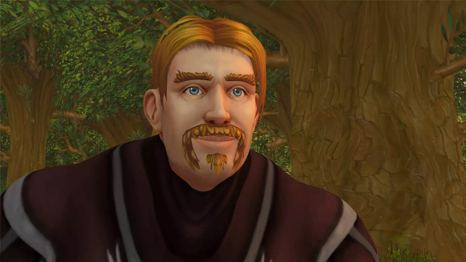 Animert bilde fra dataspillet World of Warcraft. En mannlig karakter med blond-oransje hår og bart. Han smiler.
