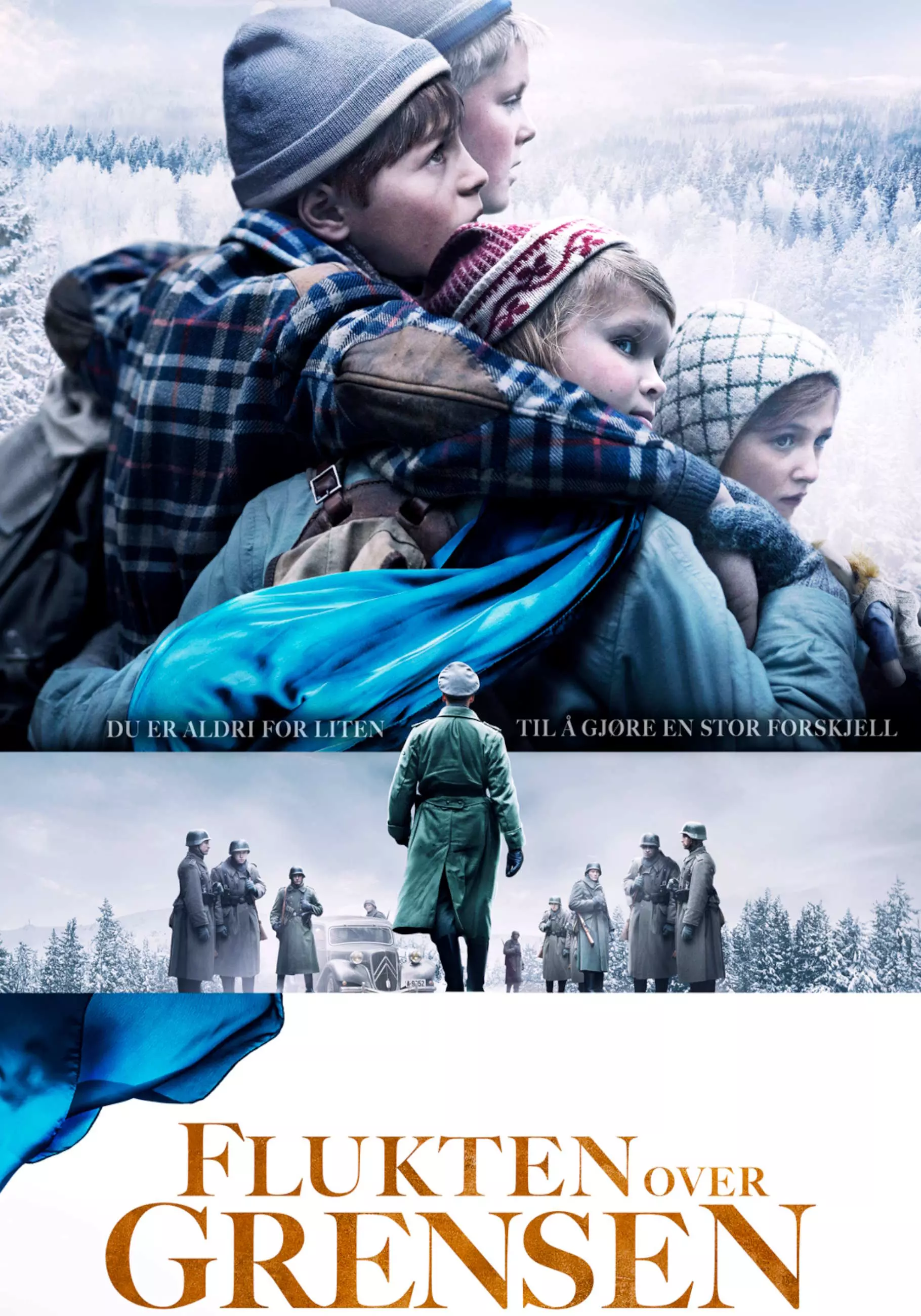 Filmplakat delt i tre felt. Øverst et bilde av fire barn kledd for vinter, de holder rundt hverandre, det er snø på trærne. Bilde i midten av tyske soldater og nederst filmtittelen i oransje tekst. Foto.