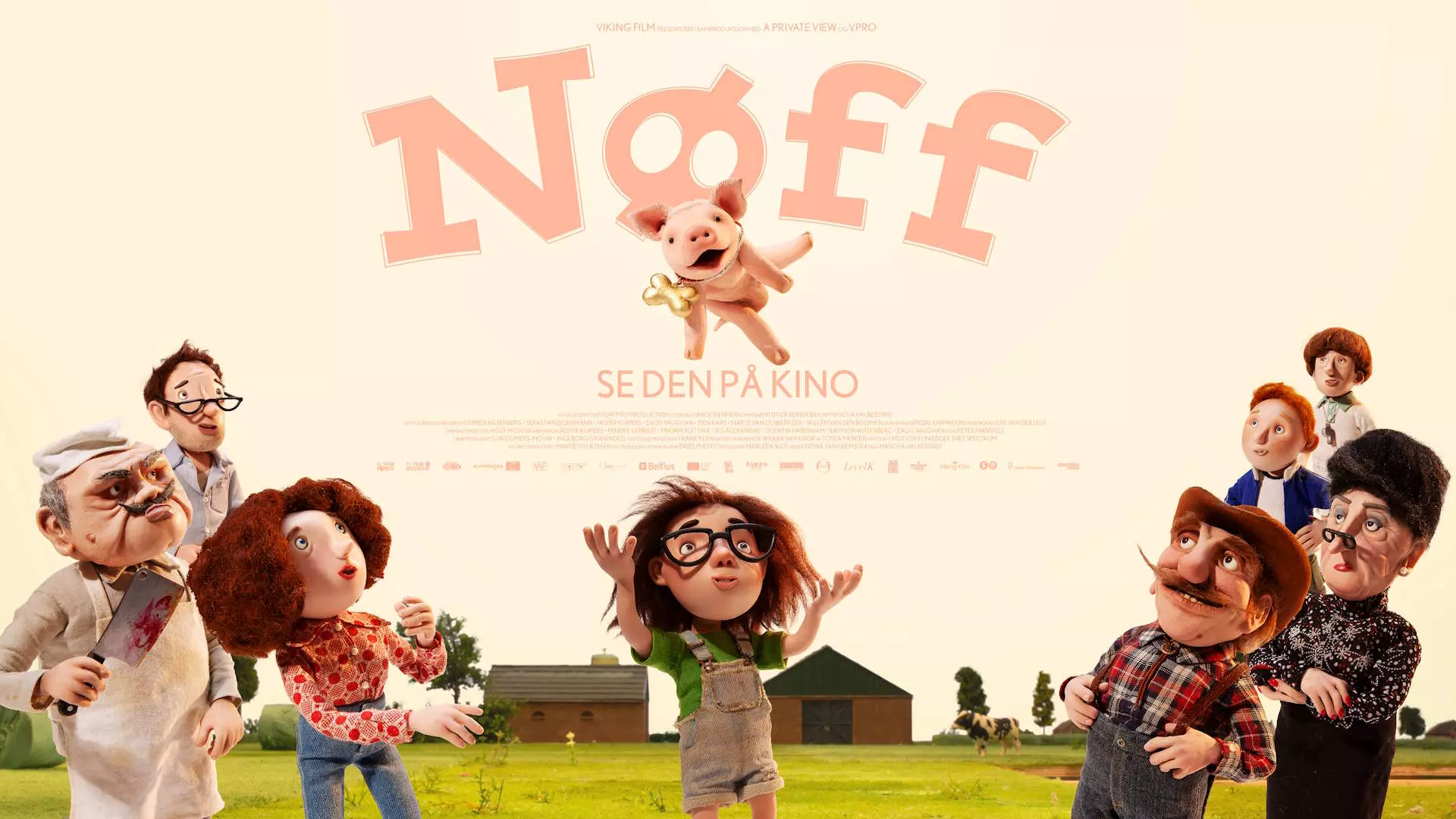 En filmplakat for "Nøff", med forskjellige figurer med uttrykksfulle ansikter. I midten er en liten grisunge flyvende i luften. Bakgrunnen viser et landlig landskap med gårdshus. Tekst på plakaten lyder "Nøff".